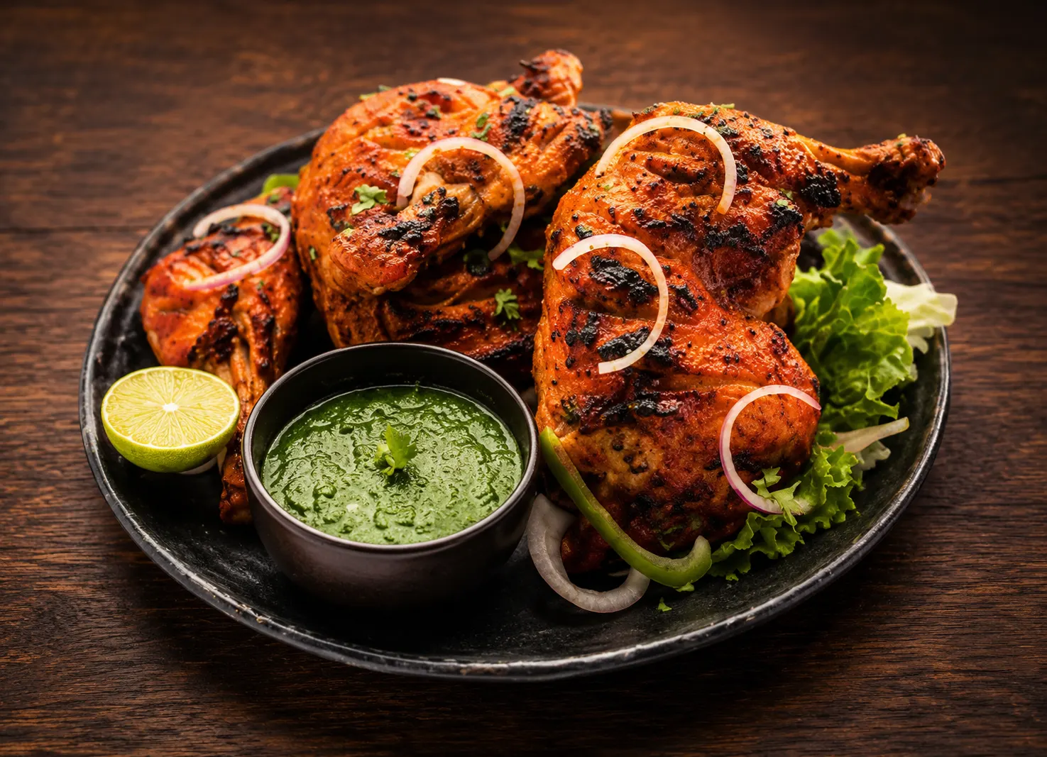 Tandoori Chicken — clay-oven grilled marinated chicken at Saanjh 24-7 Restaurant Winnipeg